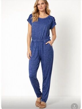 Derek Heart Heathered Blue Short-Sleeve Knit Jumpsuit
